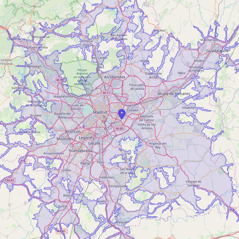 45 min drive isochrone, Madrid