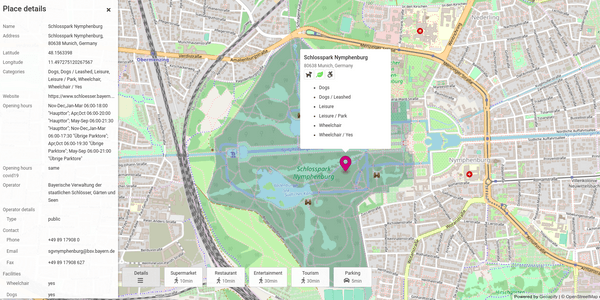 Place Details API example - Nymphenburg park in Munich, Germany
