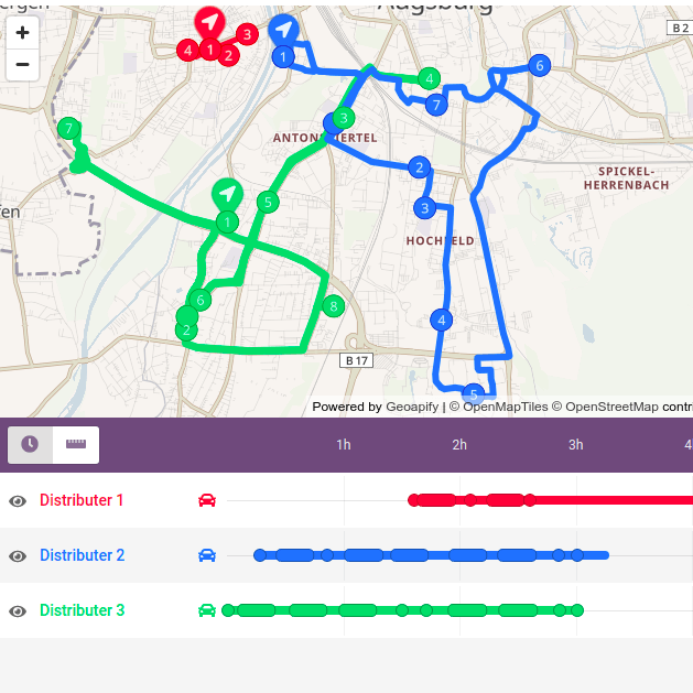 Route Planner API example - build optimal routes for distributors, Augsburg, Germany