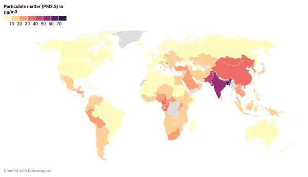 Countries by air pollution based on 2020 UChicago data