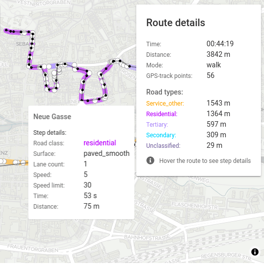 Map Matching API example - match GPS walking track, Nuremberg, Germany