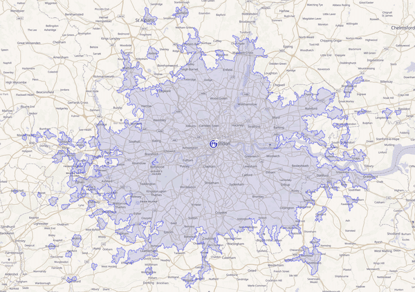 London travel time map for approximated public transit data