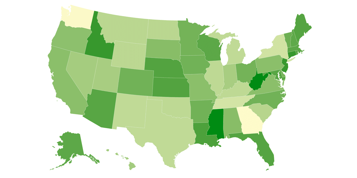 Choropleth Map of US States with Green Gradient Colors