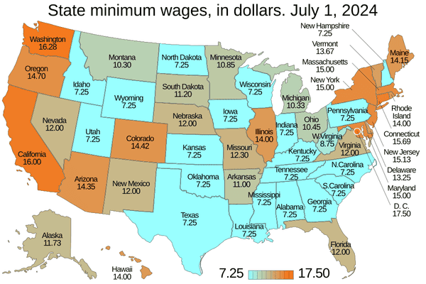 Map of US hourly minimum wage by state and District of Columbia (D.C.), in US dollars