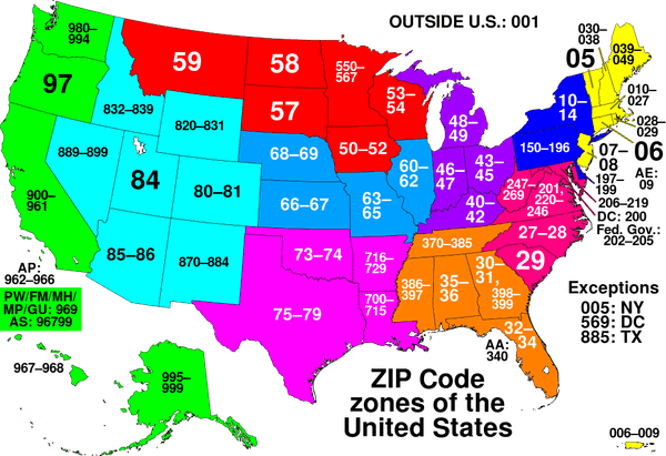 This map of the United States divides the country into ZIP code zones