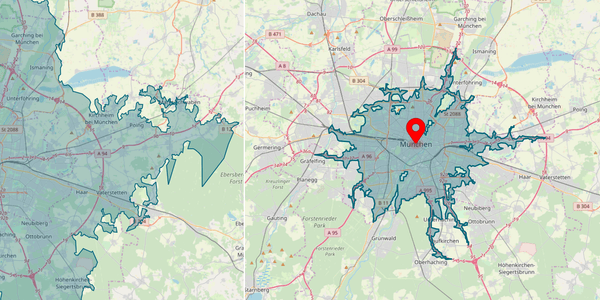 Isochrones for Munich area created by Graphhopper and Valhalla