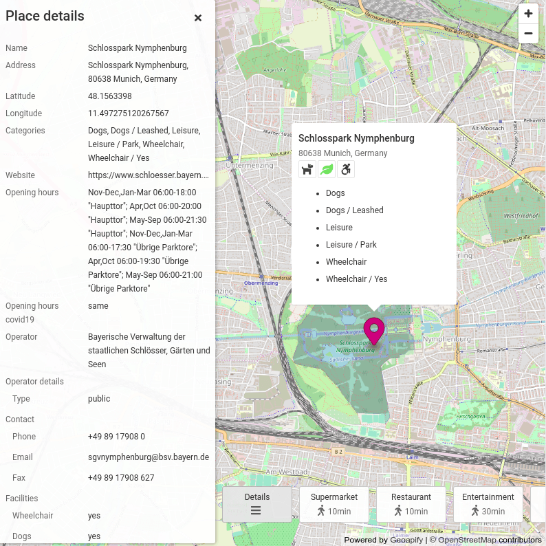Place Details API example - Nymphenburg park in Munich, Germany