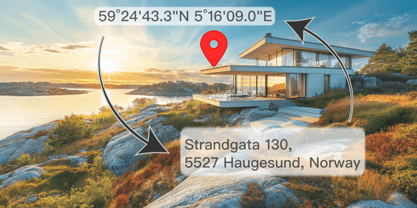 The image demonstrates the difference between geocoding and reverse geocoding, showing how geocoding and reverse geocoding convert between addresses and coordinates.