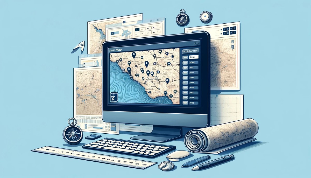 An AI-generated illustration of creating printable maps using a static maps API, featuring a computer screen with customization options, various printed map sizes, and cartographic tools in the background