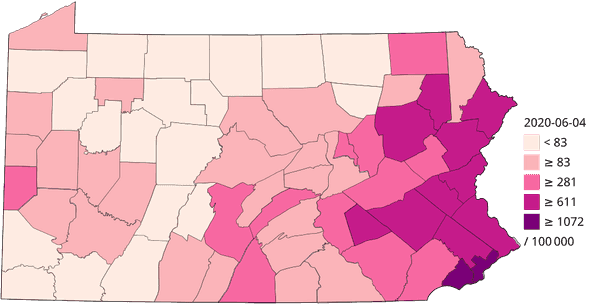 Confirmed cases of COVID-19 per 100,000 inhabitants in Pennsylvania by county